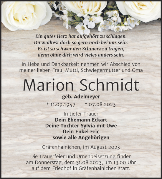 Traueranzeige von Marion Schmidt von Trauerkombi Wittenberg