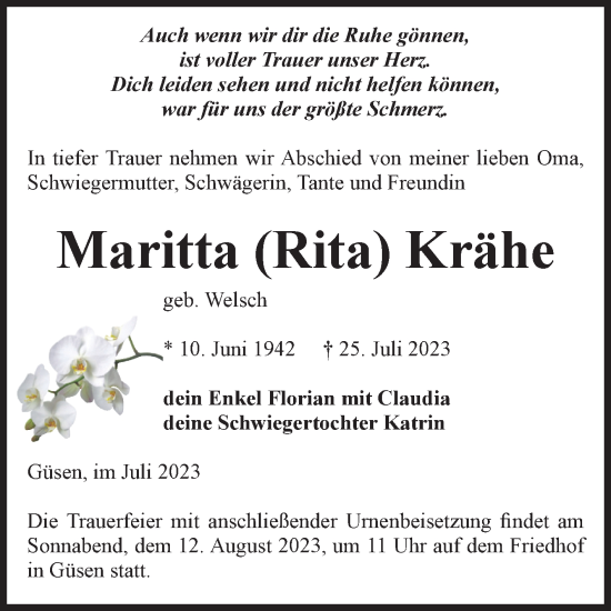 Traueranzeige von Maritta  Krähe von Volksstimme Burg/Genthin