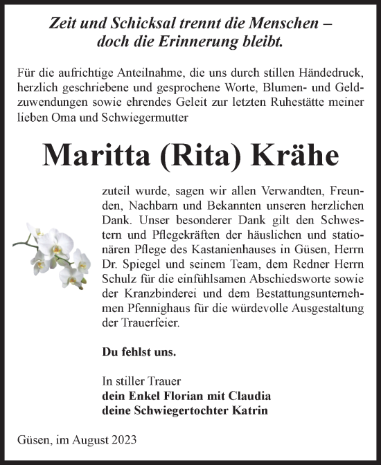 Traueranzeige von Maritta  Krähe von Volksstimme Burg/Genthin