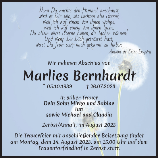 Traueranzeige von Marlies Bernhardt von Volksstimme Zerbst