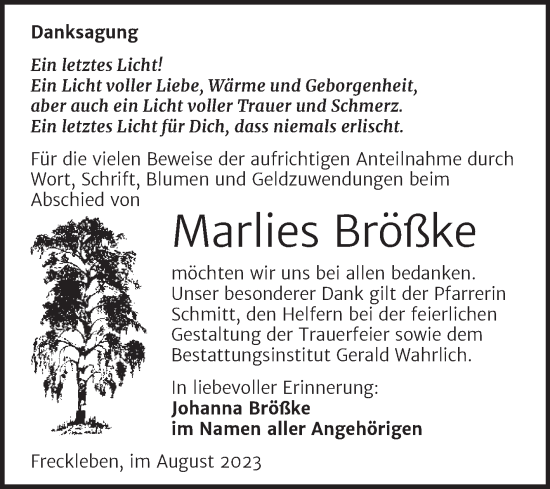 Traueranzeige von Marlies Brößke von Trauerkombi Aschersleben