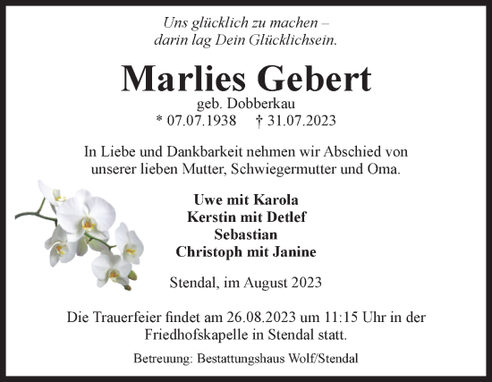 Traueranzeige von Marlies Gebert von Volksstimme Altmark Ost