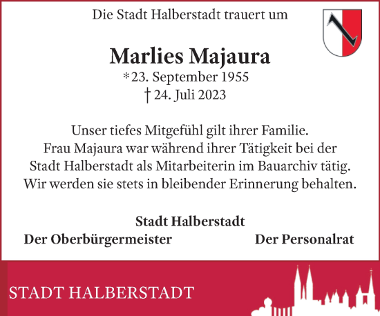 Traueranzeige von Marlies Majaura von Volksstimme Halberstadt