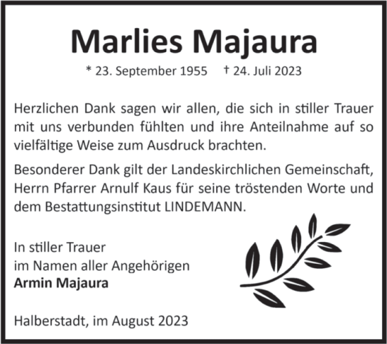 Traueranzeige von Marlies Majaura von Volksstimme Halberstadt