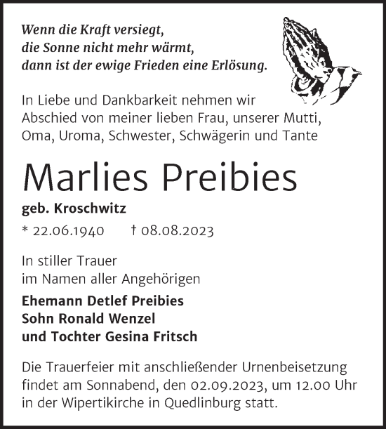 Traueranzeige von Marlies Preibies von Trauerkombi Quedlinburg