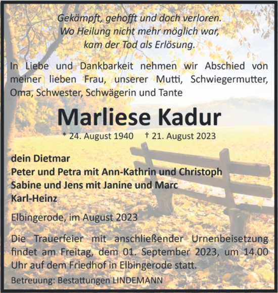 Traueranzeige von Marliese Kadur von Volksstimme Wernigerode