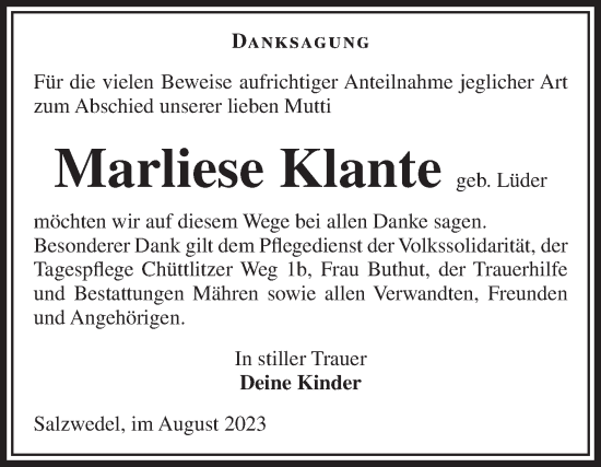 Traueranzeige von Marliese Klante von Volksstimme Altmark Ost