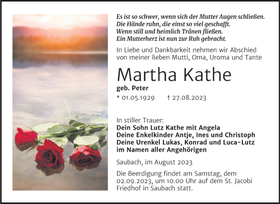 Traueranzeige von Martha Kathe von Naumburger Tageblatt