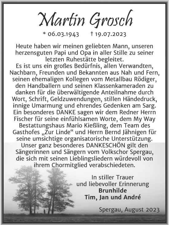 Traueranzeige von Martin Grosch von Trauerkombi Merseburg