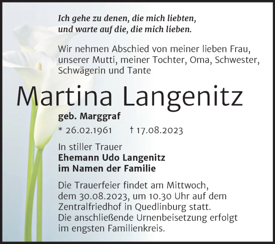 Traueranzeige von Martina Langenitz von Trauerkombi Quedlinburg
