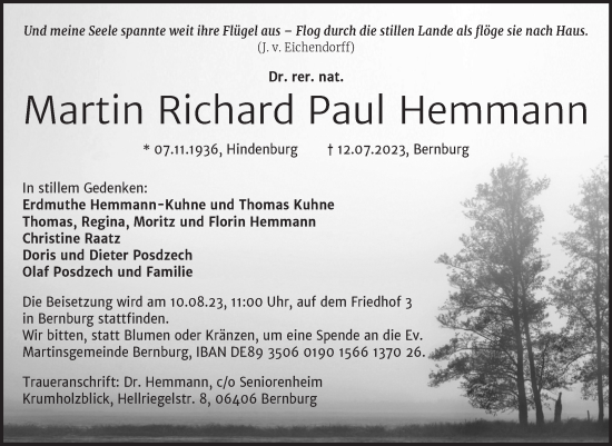 Traueranzeige von Martin Richard Paul Hemmann von Mitteldeutsche Zeitung Bernburg