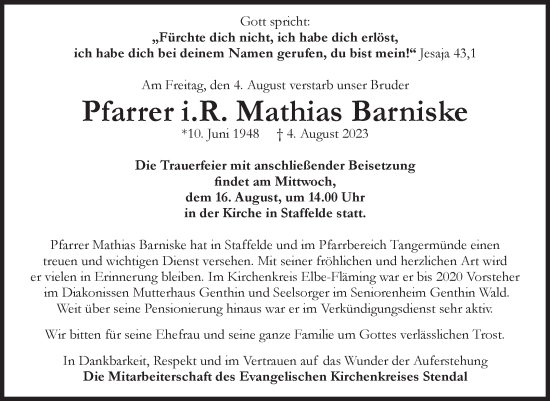 Traueranzeige von Mathias Barniske von Volksstimme Altmark Ost