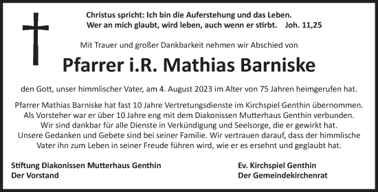 Traueranzeige von Mathias Barniske von Volksstimme Burg/Genthin