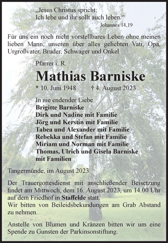Traueranzeige von Mathias Barniske von Volksstimme Altmark Ost