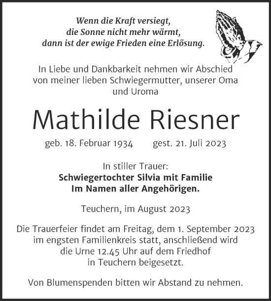 Traueranzeige von Mathilde Riesner von Trauerkombi Weißenfels