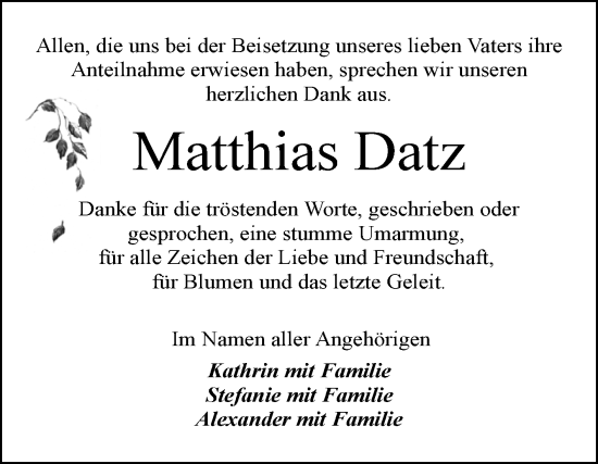 Traueranzeige von Matthias Datz von Volksstimme Altmark Ost