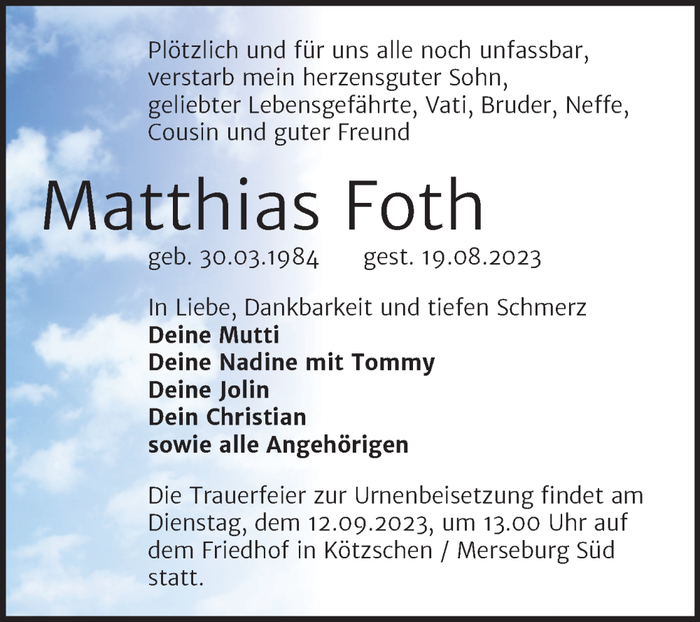  Traueranzeige für Matthias Foth vom 26.08.2023 aus Trauerkombi Merseburg