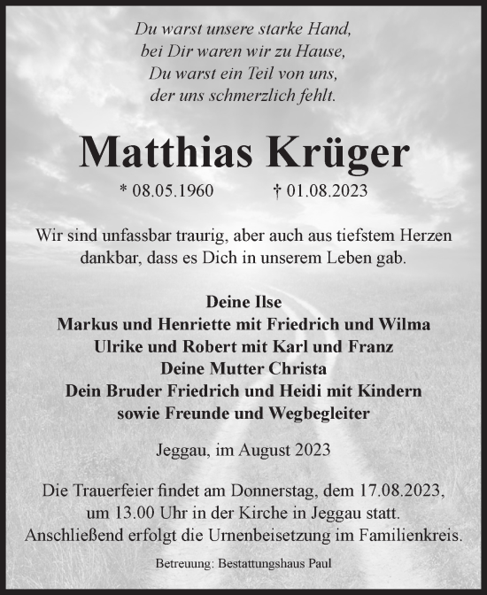 Traueranzeige von Matthias Krüger von Volksstimme Altmark West