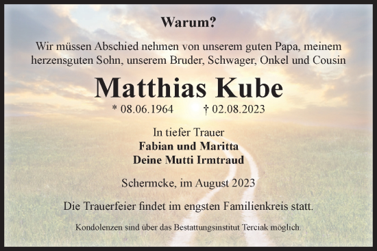 Traueranzeige von Matthias Kube von Volksstimme Oschersleben/Wanzleben