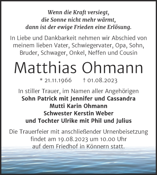 Traueranzeige von Matthias Ohmann von Trauerkombi Bernburg