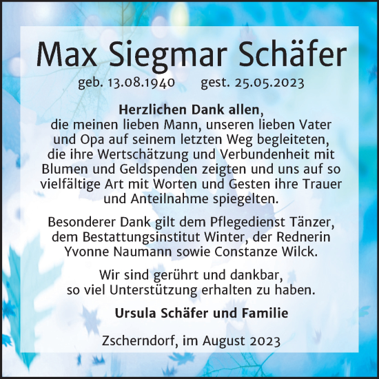 Traueranzeige von Max Siegmar Schäfer von Trauerkombi Bitterfeld