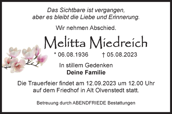 Traueranzeige von Melitta Miedreich von Volksstimme Magdeburg