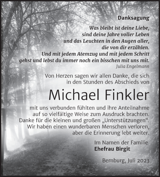 Traueranzeige von Michael Finkler von Trauerkombi Bernburg