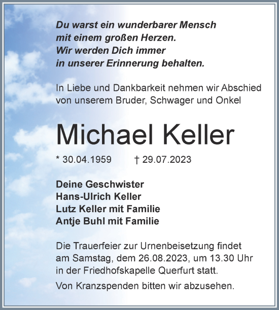 Traueranzeige von Michael Keller von Trauerkombi Merseburg