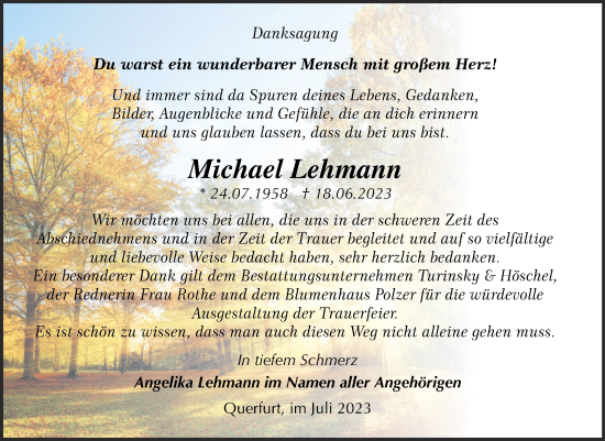 Traueranzeige von Michael Lehmann von Trauerkombi Merseburg