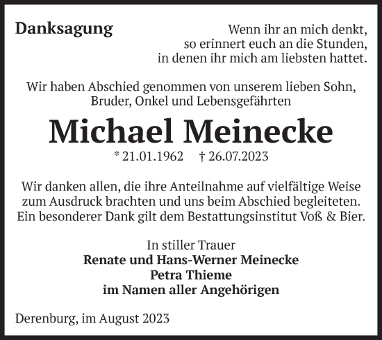 Traueranzeige von Michael Meinecke von Volksstimme Wernigerode