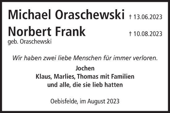 Traueranzeige von Michael Oraschewski von Volksstimme Altmark West