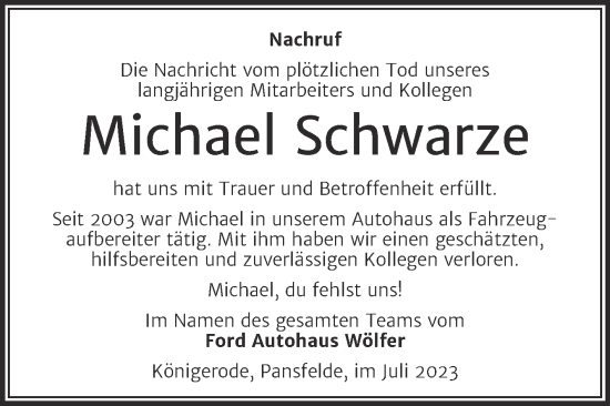 Traueranzeige von Michael Schwarze von Super Sonntag Quedlingburg