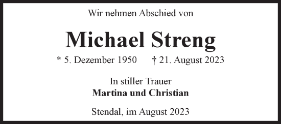 Traueranzeige von Michael Streng von Volksstimme Altmark Ost