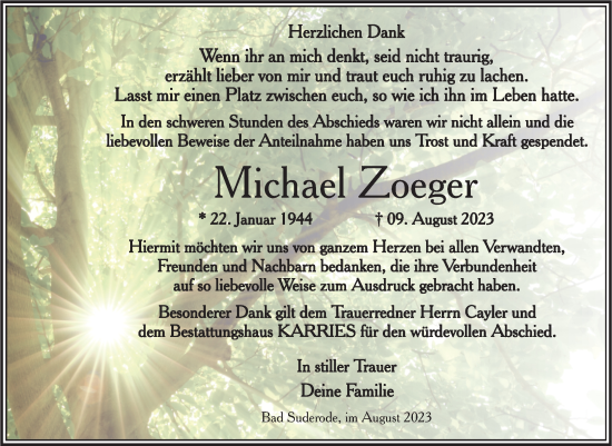 Traueranzeige von Michael Zoeger von Trauerkombi Quedlinburg