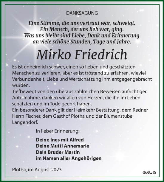 Traueranzeige von Mirko Friedrich von Trauerkombi Weißenfels