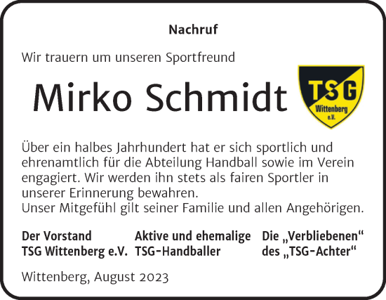 Traueranzeige von Mirko Schmidt von Super Sonntag Wittenberg
