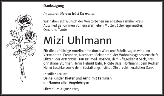 Traueranzeige von Mizi Uhlmann von Trauerkombi Weißenfels