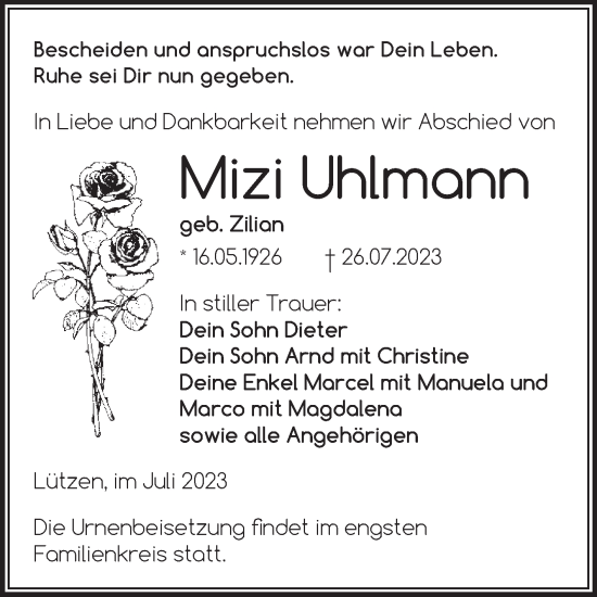 Traueranzeige von Mizi Uhlmann von Trauerkombi Weißenfels