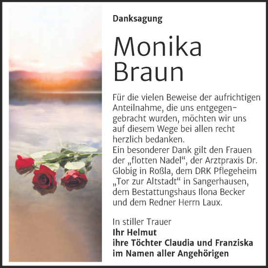 Traueranzeige von Monika Braun von Trauerkombi Sangerhausen