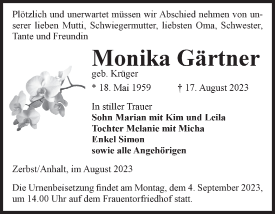 Traueranzeige von Monika Gärtner von Volksstimme Zerbst