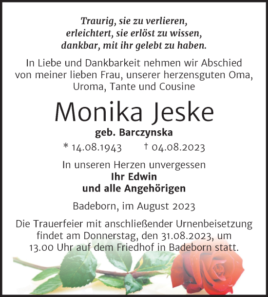 Traueranzeige von Monika Jeske von Trauerkombi Quedlinburg