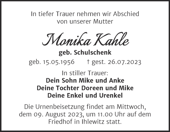 Traueranzeige von Monika Kahle von Mitteldeutsche Zeitung Mansfelder Land