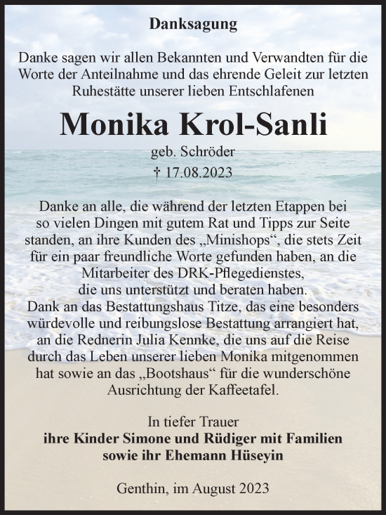 Traueranzeige von Monika Krol-Sanli von Volksstimme Burg/Genthin