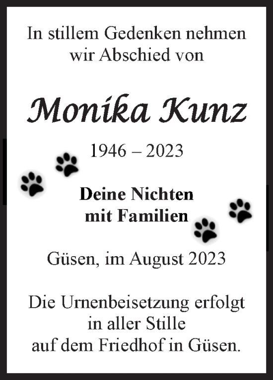 Traueranzeige von Monika Kunz von Volksstimme Burg/Genthin