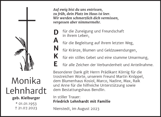 Traueranzeige von Monika Lehnhardt von Trauerkombi Sangerhausen