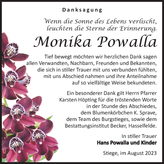 Traueranzeige von Monika Powalla von Volksstimme Wernigerode