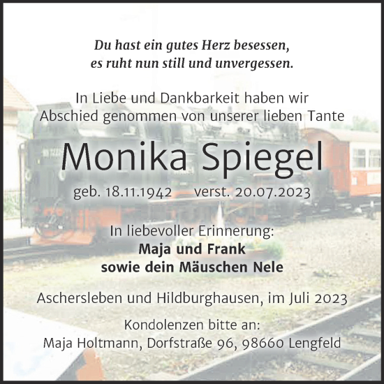 Traueranzeige von Monika Spiegel von Trauerkombi Aschersleben