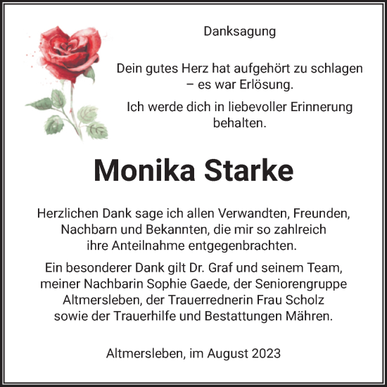 Traueranzeige von Monika Starke von Volksstimme Altmark West