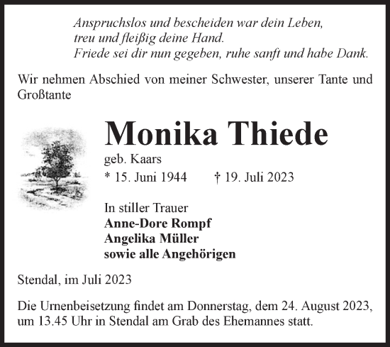 Traueranzeige von Monika Thiede von Volksstimme Altmark Ost