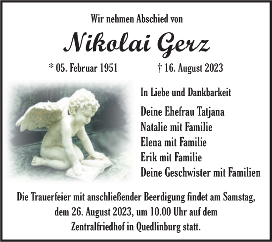Traueranzeige von Nikolai Gerz von Trauerkombi Quedlinburg